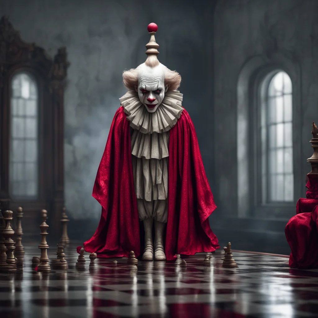hyper real realistic realism Pennywise as a chess piece in a chess game lush red dressing gown dressing room mirror tung