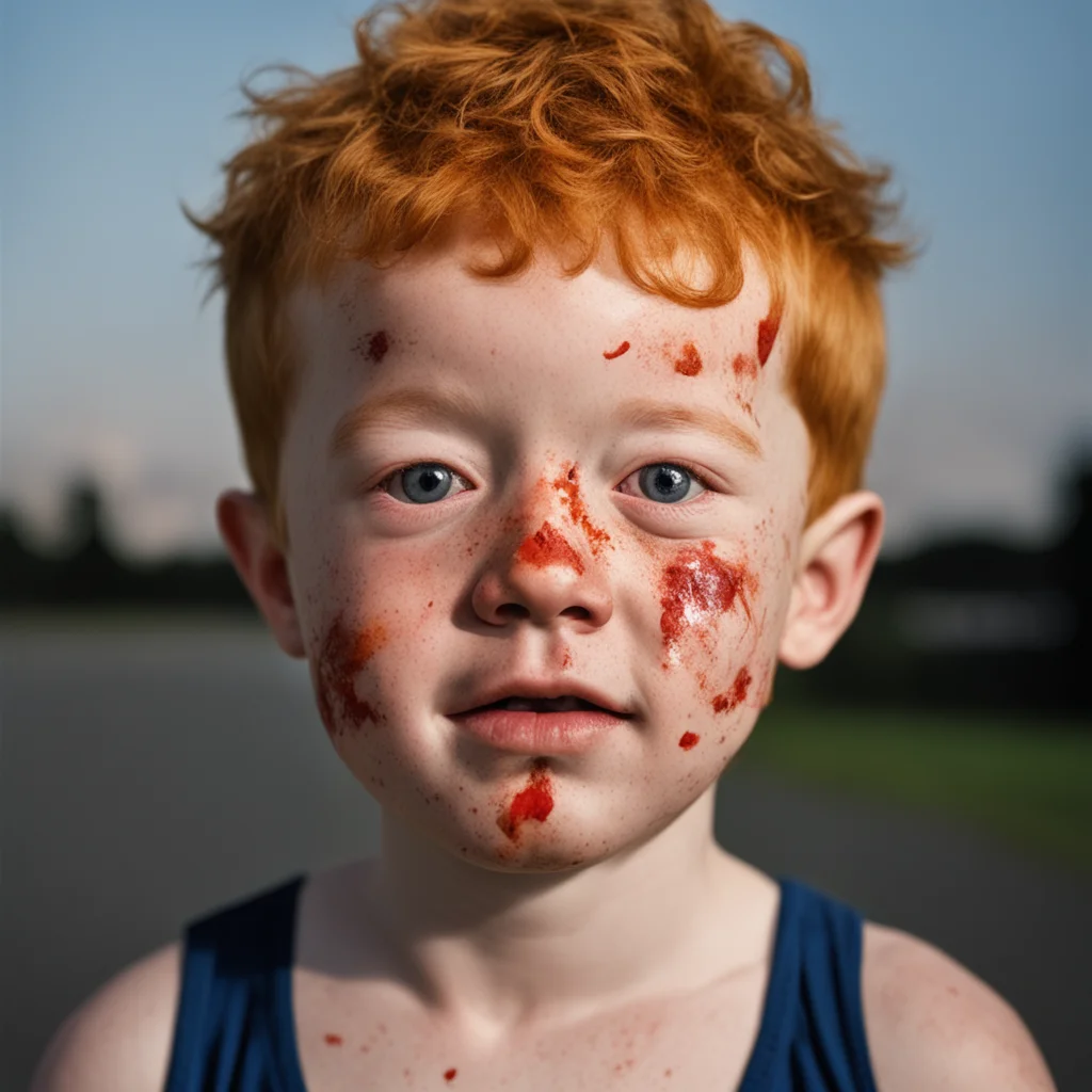 hyper realism portrait bruised ginger kid dark contusions abrasions happy cuts black eyemedicated abuse ecchymosis  nigh