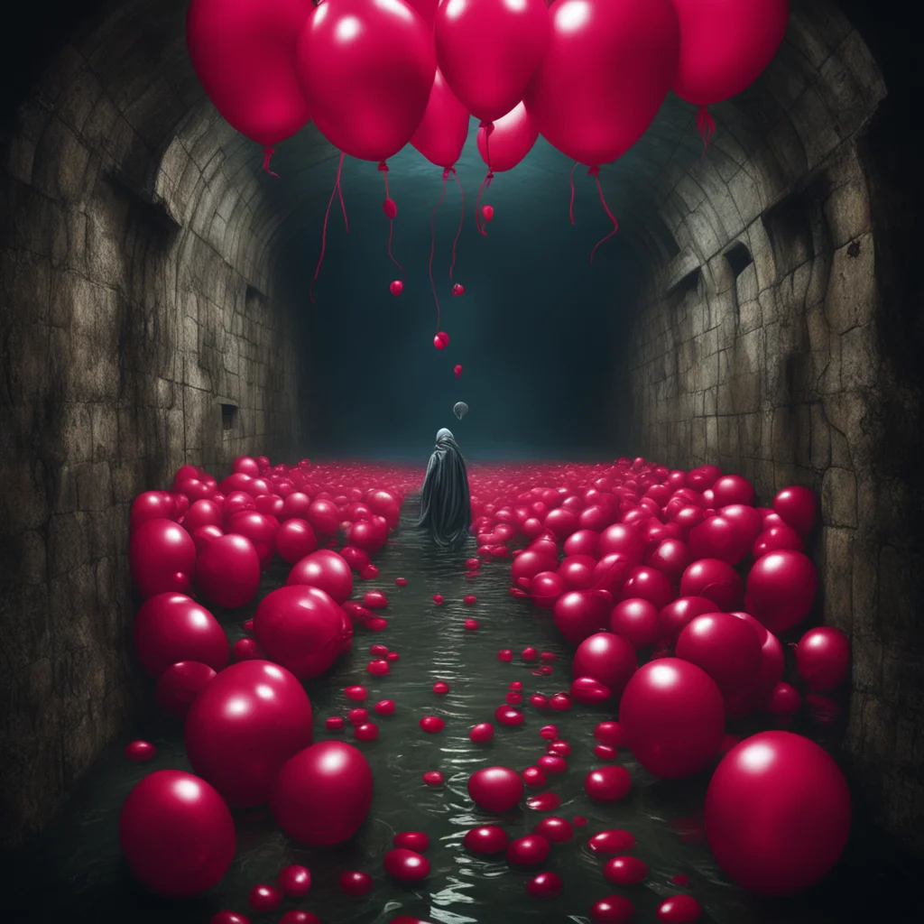 hyper realistic beautiful painting of hundreds of red balloons with undead old pennywise and the spanish inquisition flo