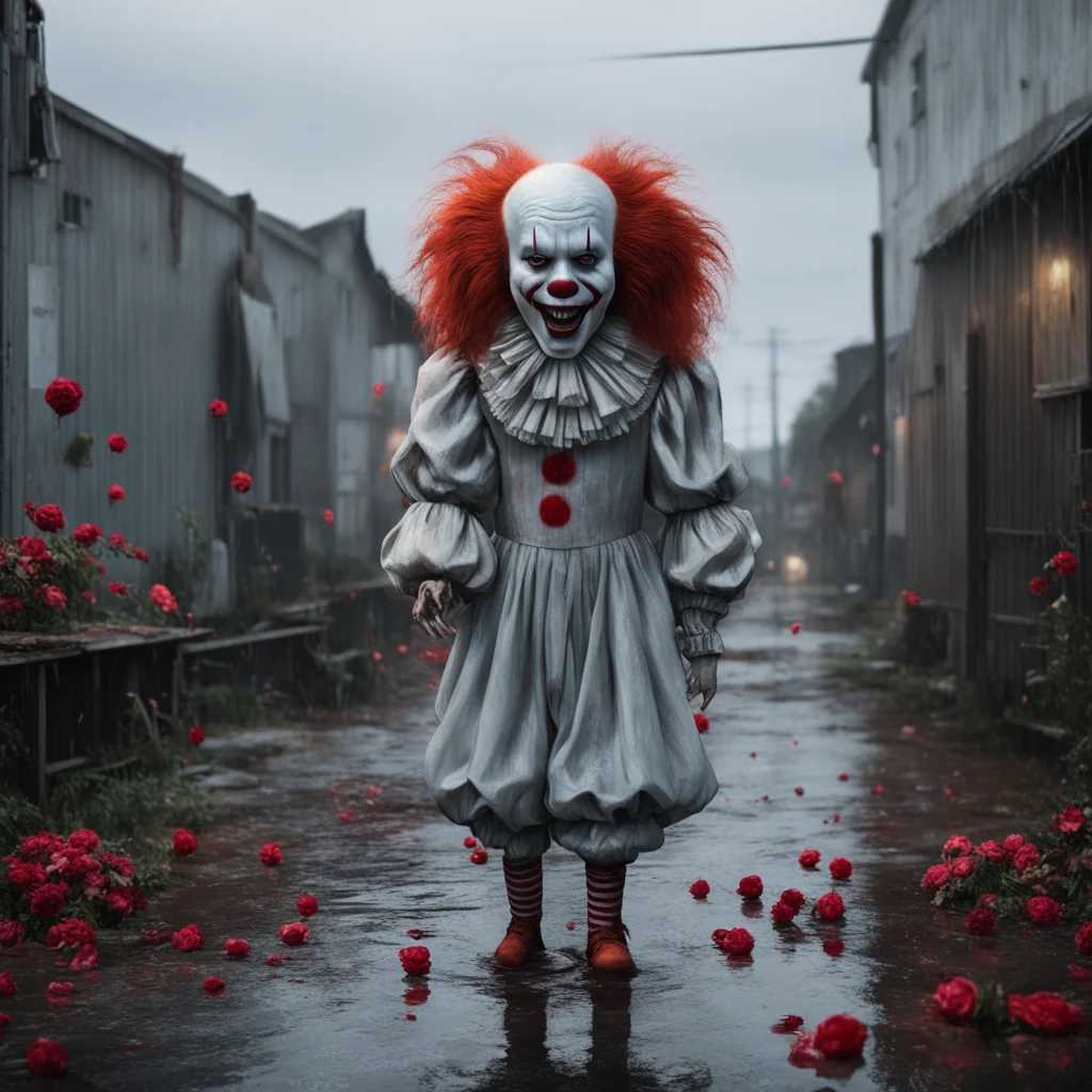 hyper realistic beautiful paintingof pennywise with long ginger hairdancing joyously to im singing in the rain in front 