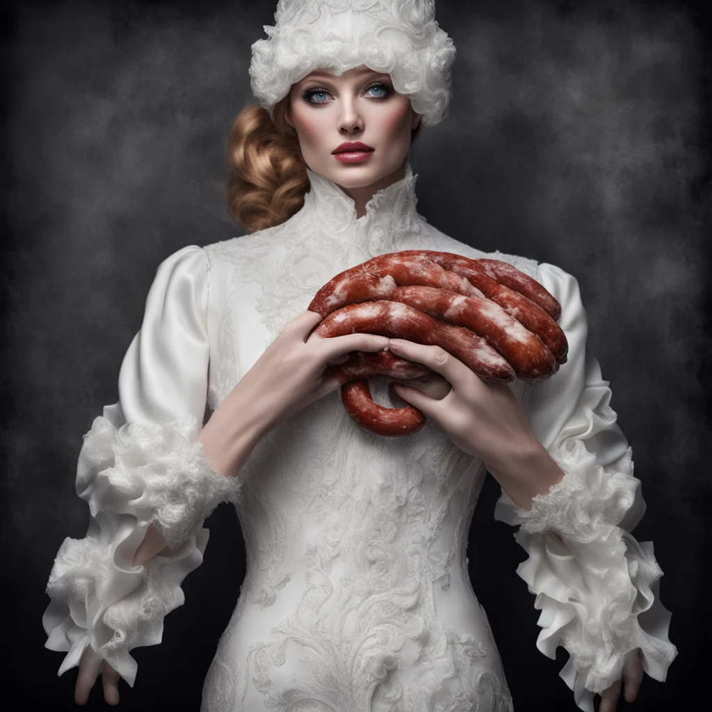 hyper realistic epic white glove holding sausage with barbi doll parts product shot intricate detail contrast stitching 