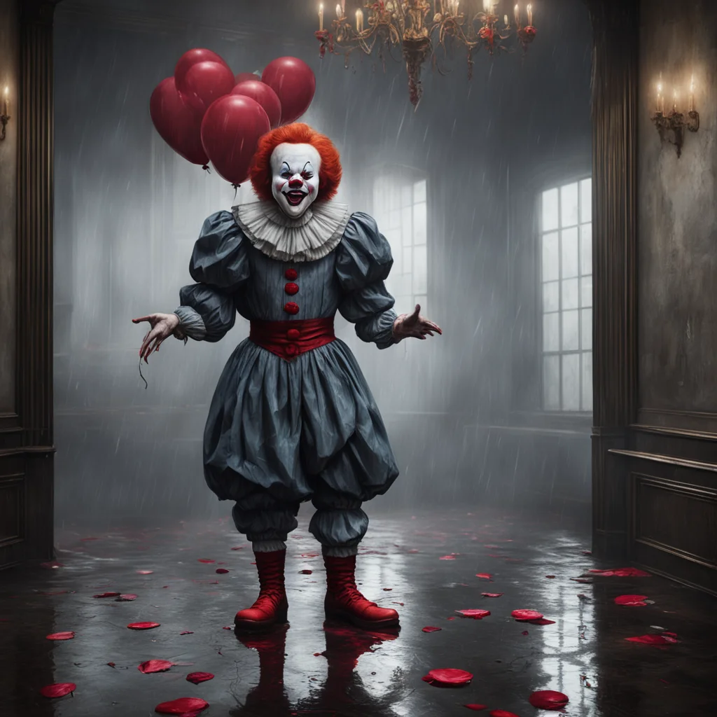 hyper realistic painting pennywise dancing joyously to im singing in the rain in front of a mirror in gta5 cinematic lig