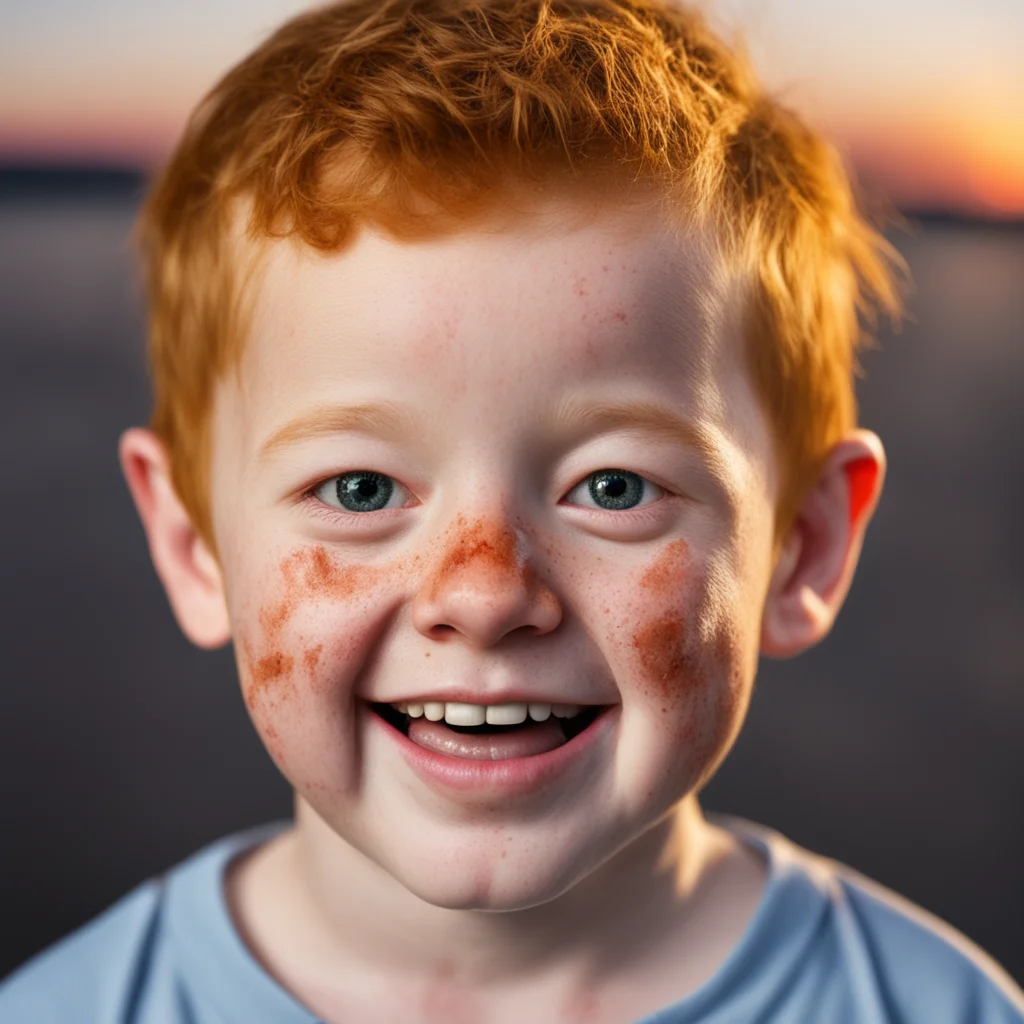 hyper realistic portrait smiling bruised ginger kid dark contusions abrasions happy cuts black eyemedicated abuse ecchym