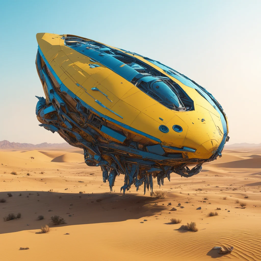 hyper realistic render of a broken alien spaceship in the desert yellow and blue color 8k octane render hyper detailed p