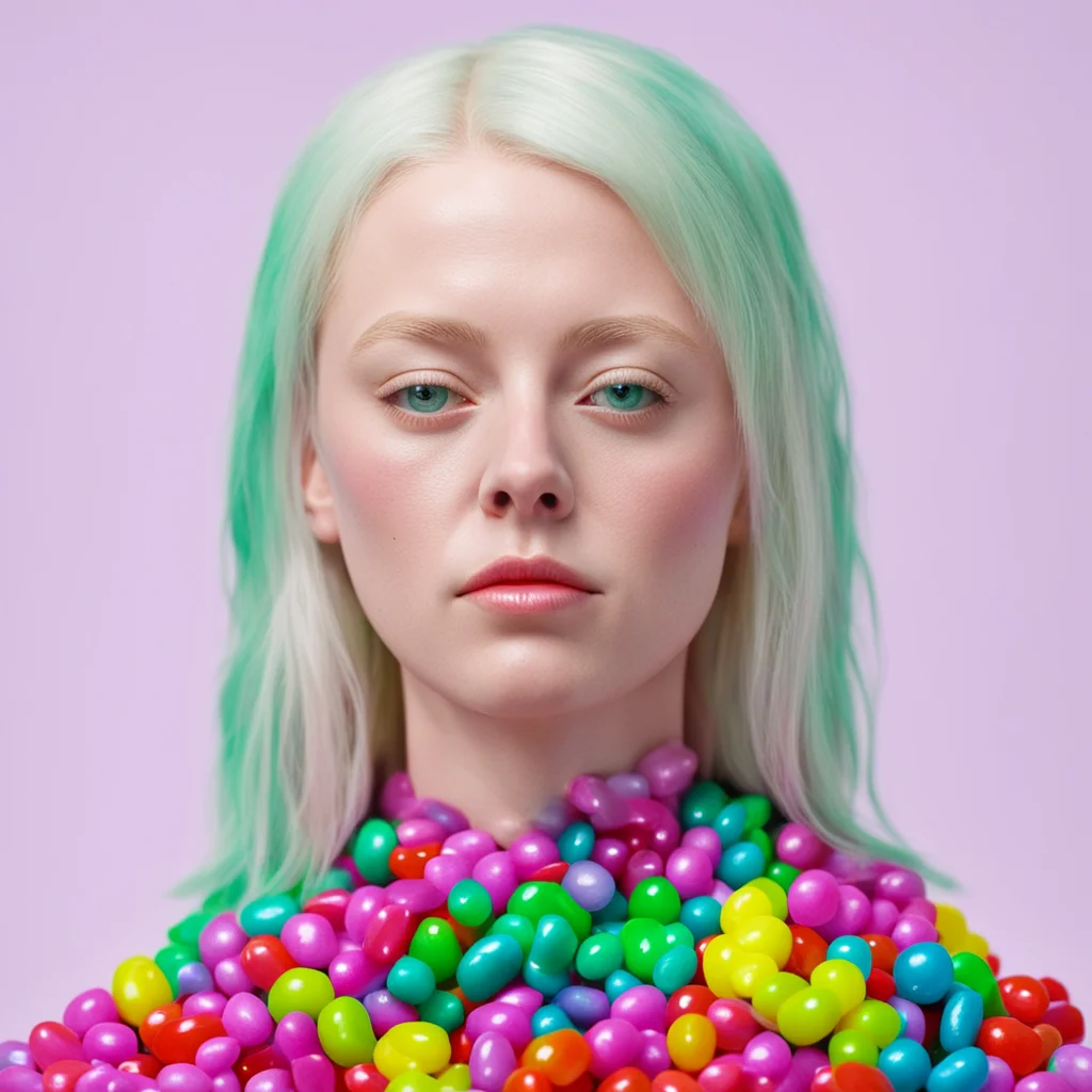 hyperrealistic bust of Phoebe Bridgers made out of multicolored hard candy