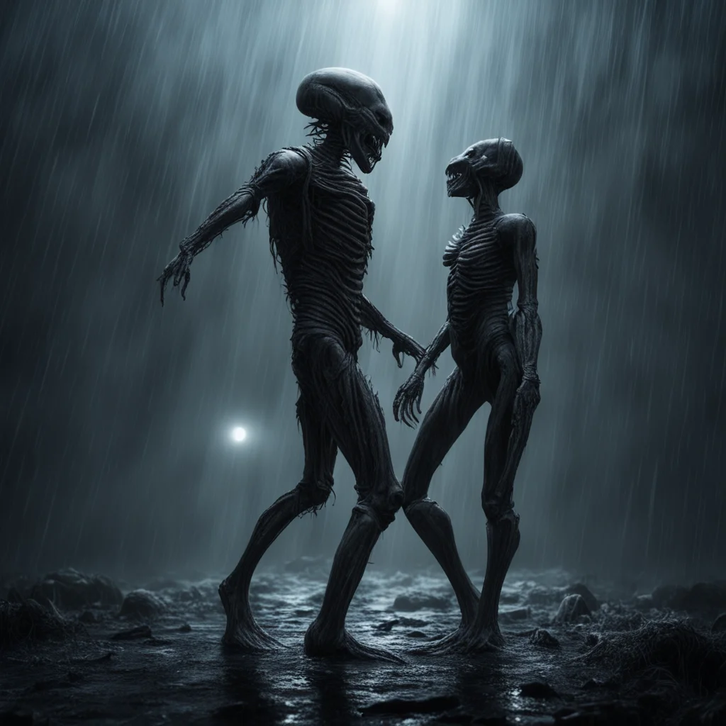hyperrealistic epic giant lovers in a xenomorph romance horror genetic waste xenobestiality swarm dark foggy background 