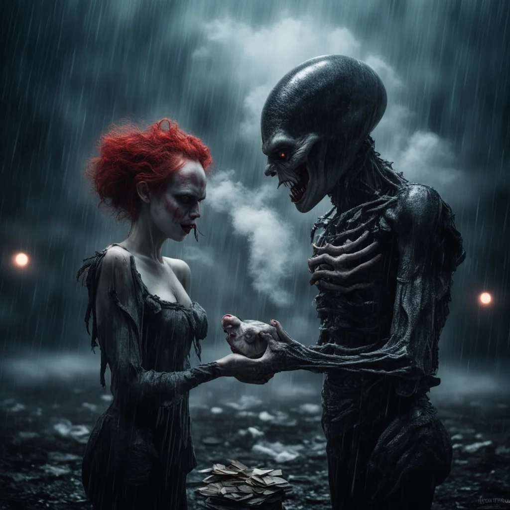 hyperrealistic giant lovers in a xenomorph pennywise romance counting money and smoking horror genetic waste xenobestial