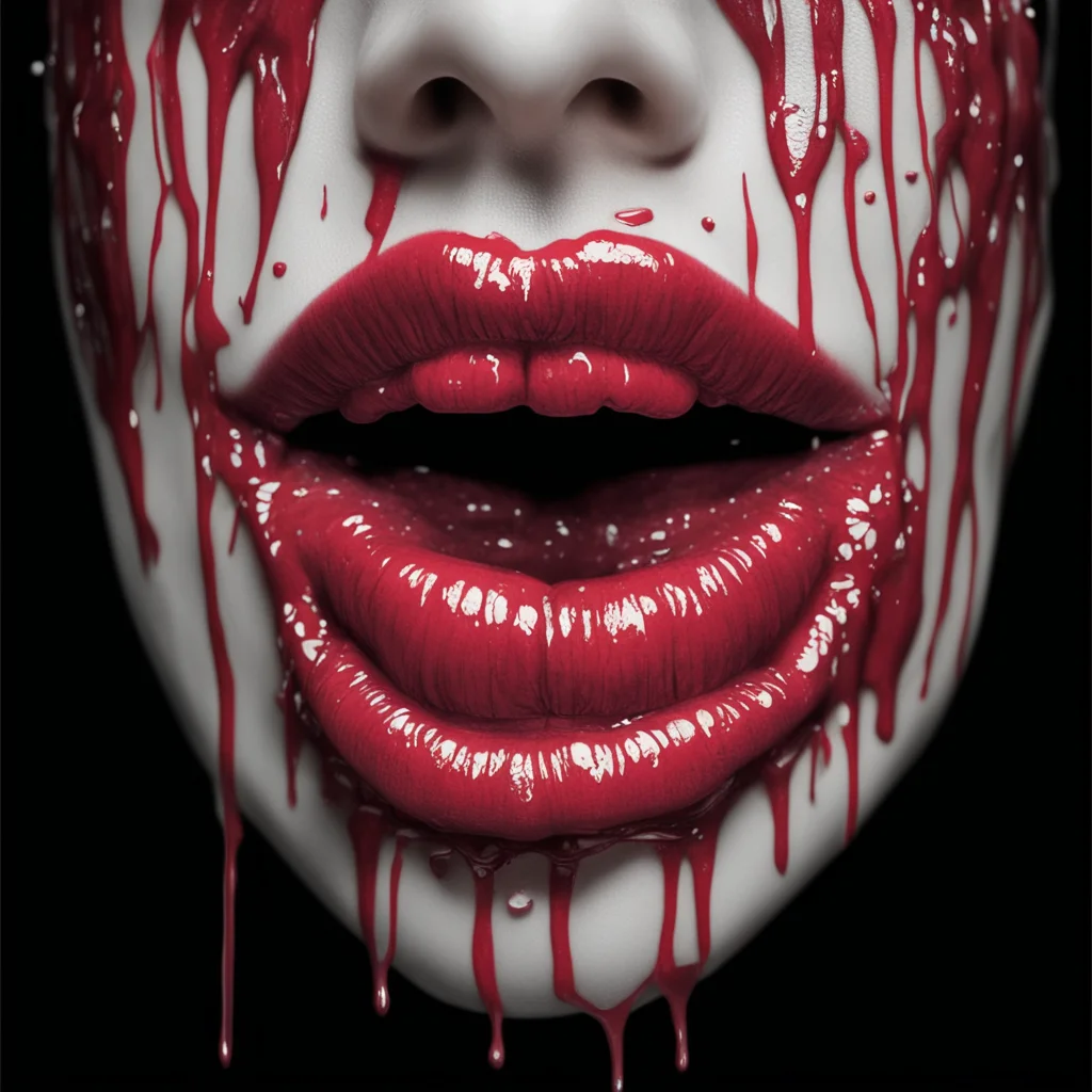 hyperrealistic lips maw pure insanity bandaged dripping horror theatre macabre cracked filmic opart backlit with hellfir