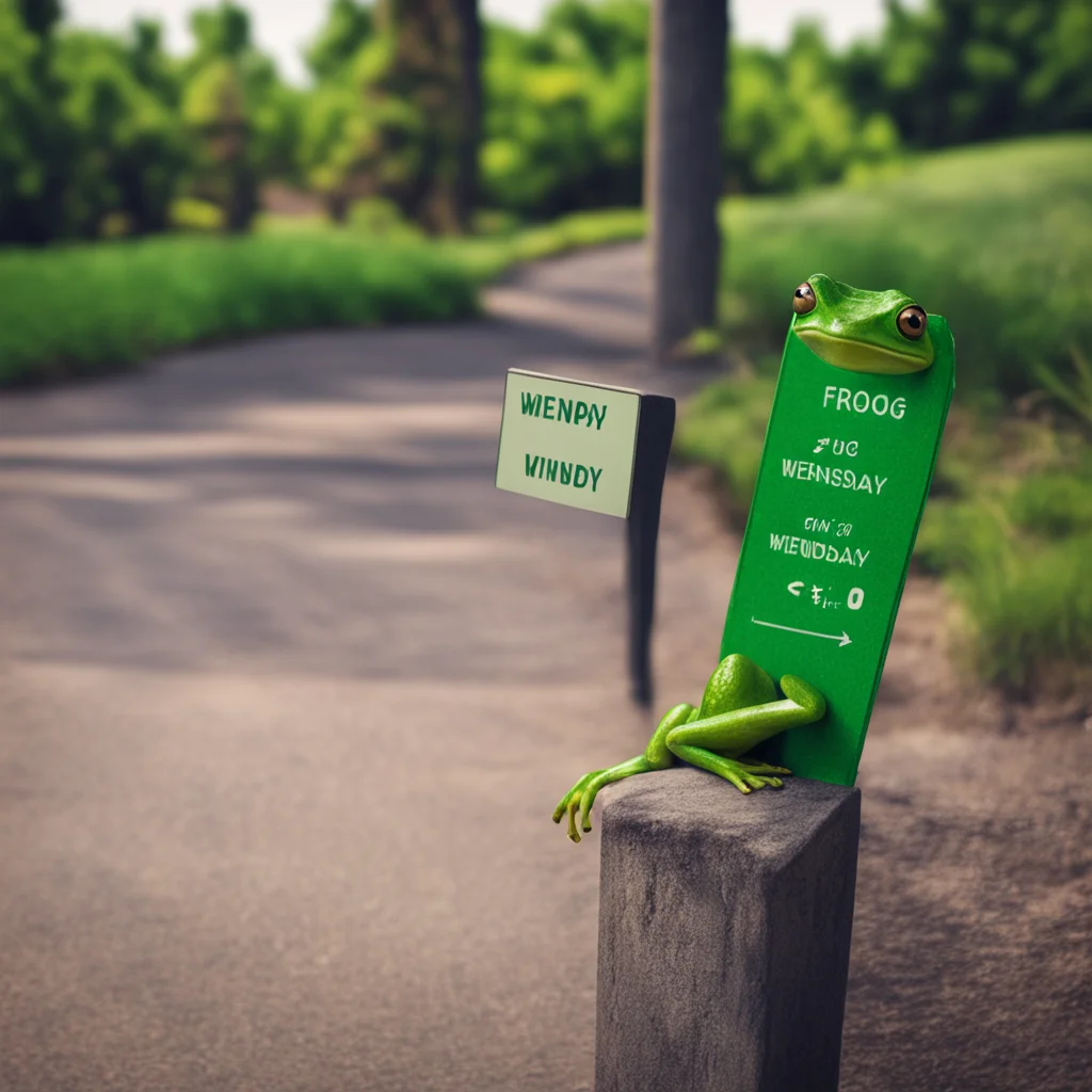 hyperrealistic photo of a frog sitting next to a signpost with WEDNESDAY written on it cinematic ambient light