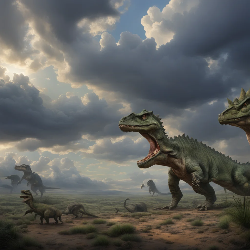hyperrealistic photorealistic landscape with dinosaurs and dramatic clouds by Greg Beecham ar 169