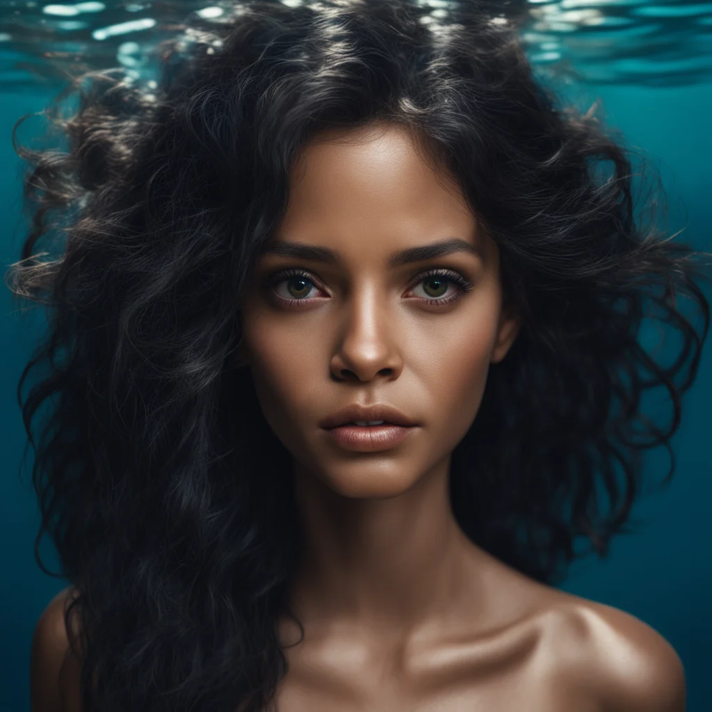 hyperrealistic portrait of a beautiful mermaid with long black hair olive skin red eyes face of Halle Berry overhead lig