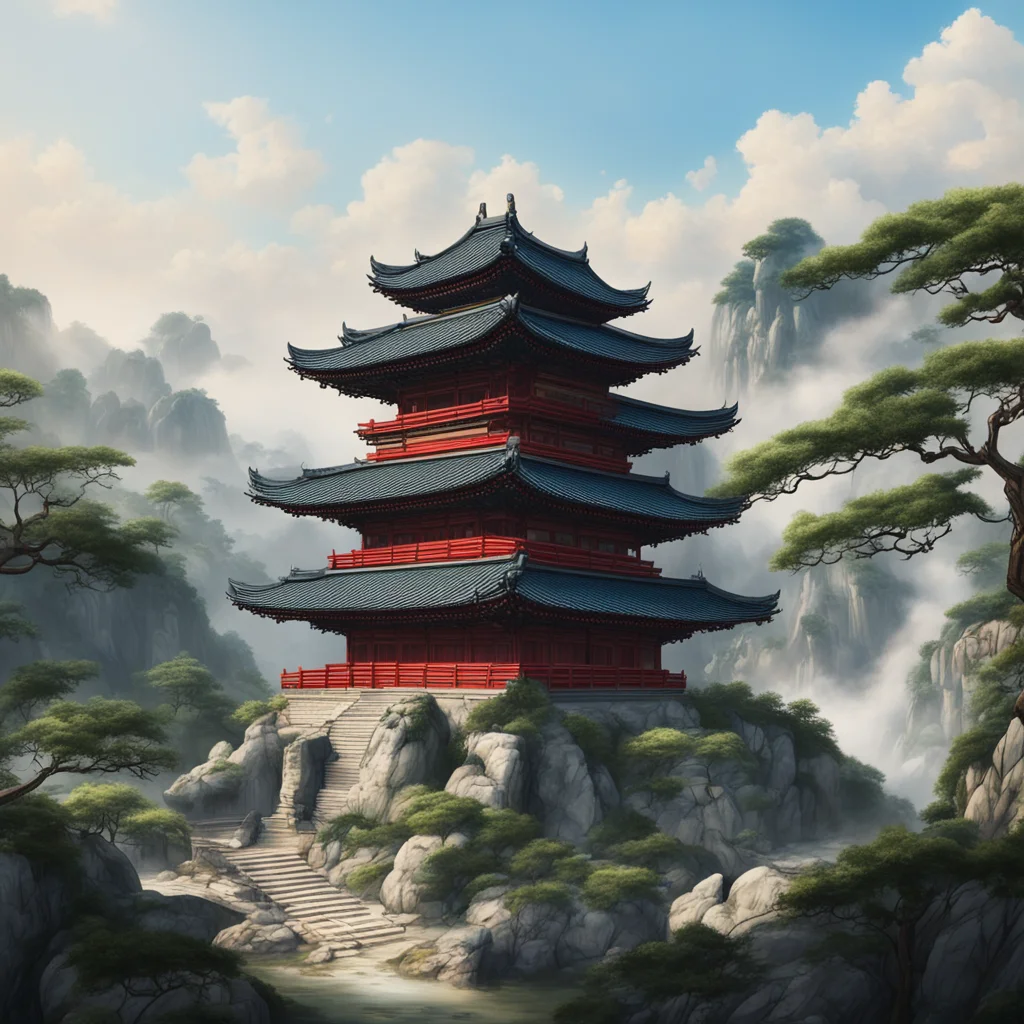 hyperrealistictemple in China in a great landscape in the style of Li Bai breath of the wind style painting compositionw