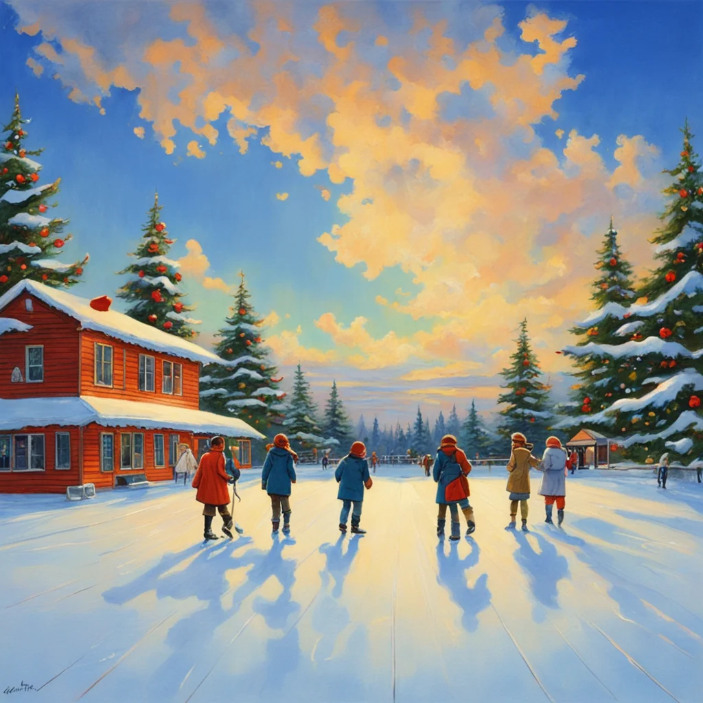ice rink outdoors christmas beautiful sky painted by norman rockwell ar 169