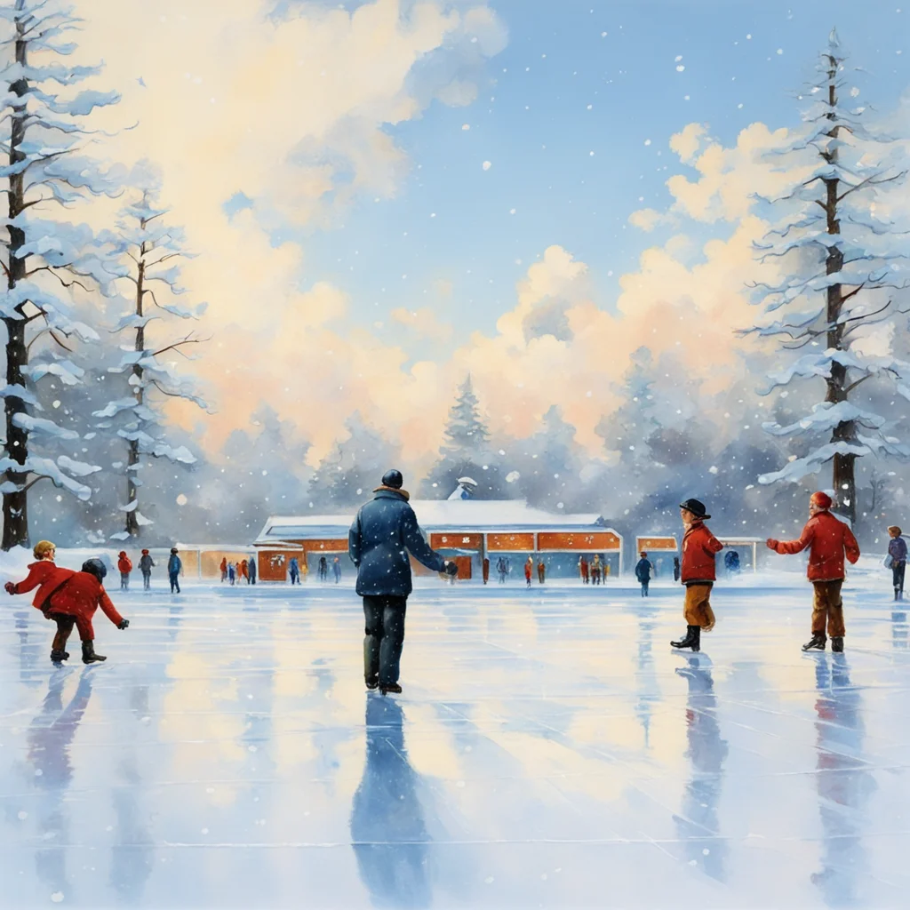 ice rink outdoors white background beautiful sky snowing painted by norman rockwell ar 169