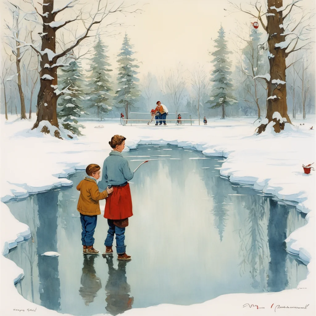 ice rink pond christmas white background by norman rockwell