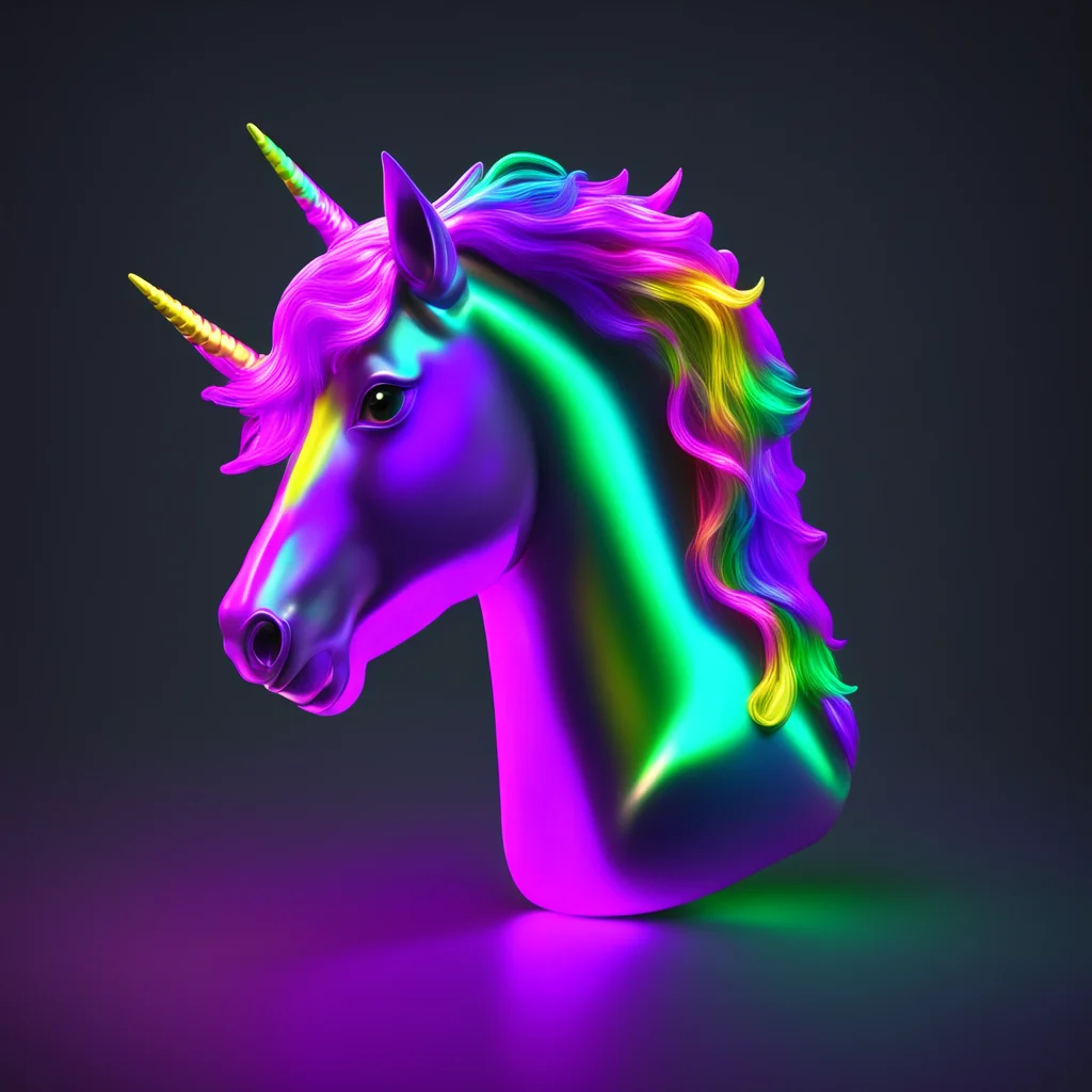 icon of a cute unicorn head in metallic rainbow iridescent material 3D render isometric perspective rendered in Cinema 4
