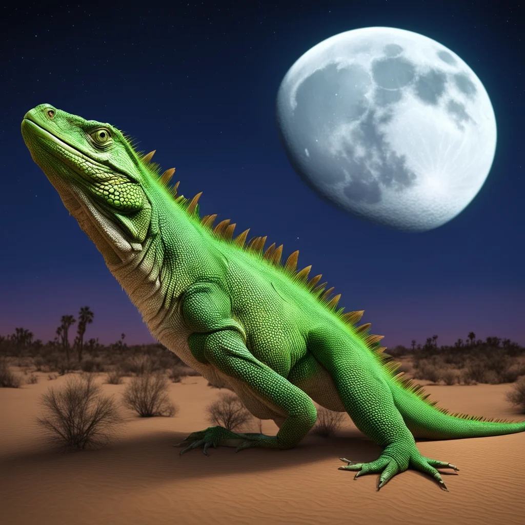 iguana building in the desert at night huge moon photorealistic