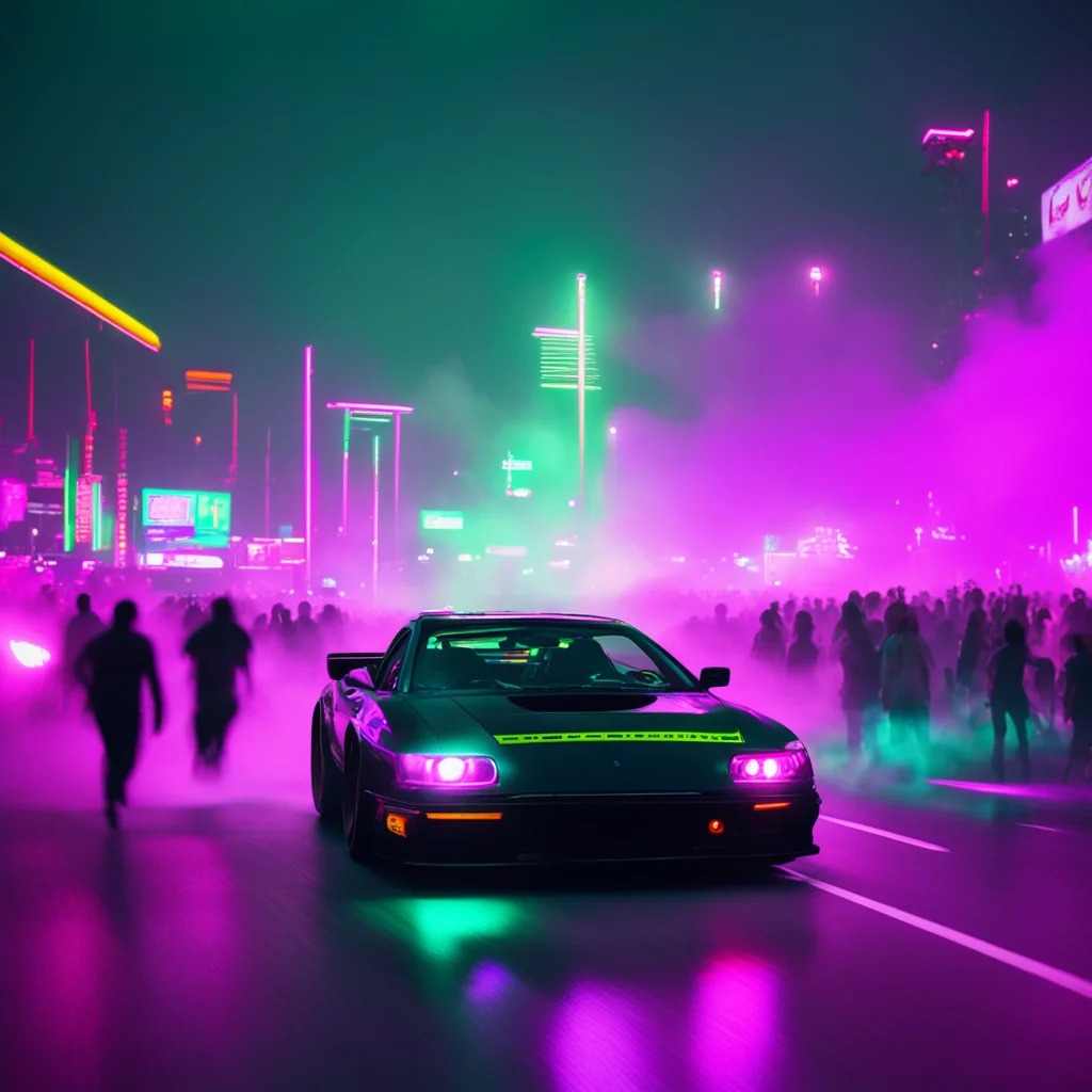 illegal street car racing cars crowd crowds of people goth fashion glitchy laser show lasers party rave smoke airport ar