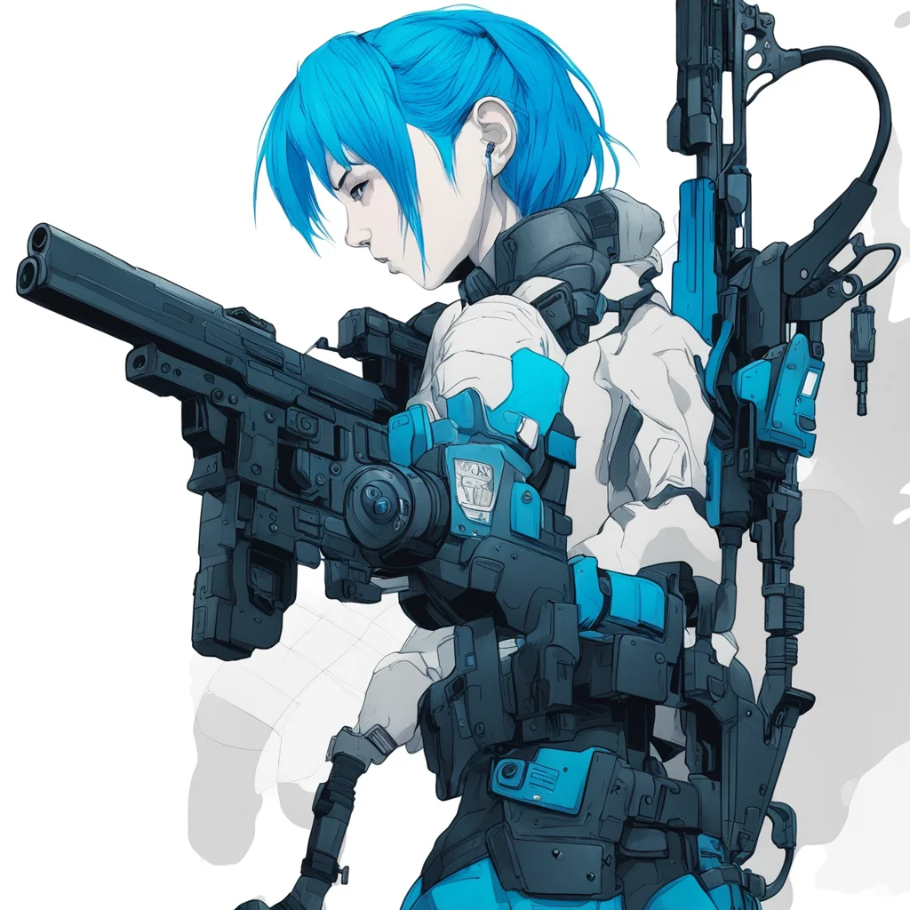 illust cyberpunk detail drawing blue girl mechanic gun combat ink ar 916