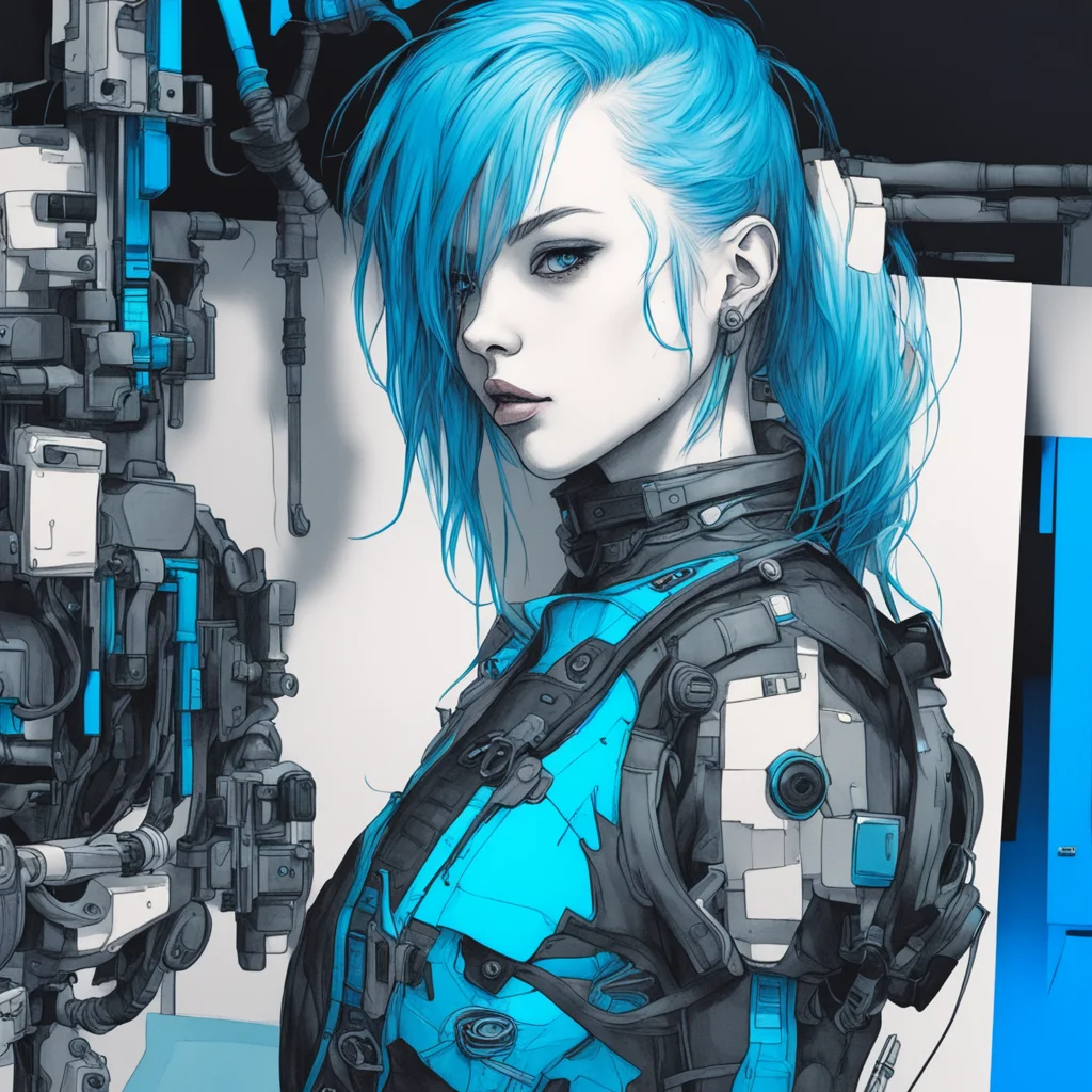 illust cyberpunk detail drawing blue girl mechanic ink ar 916
