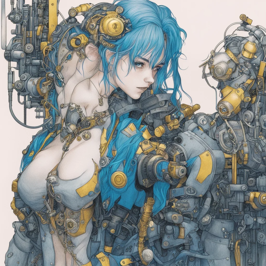 illust cyberpunk detail drawing blue tone gold point steampunk girl mechanic ink ar 916