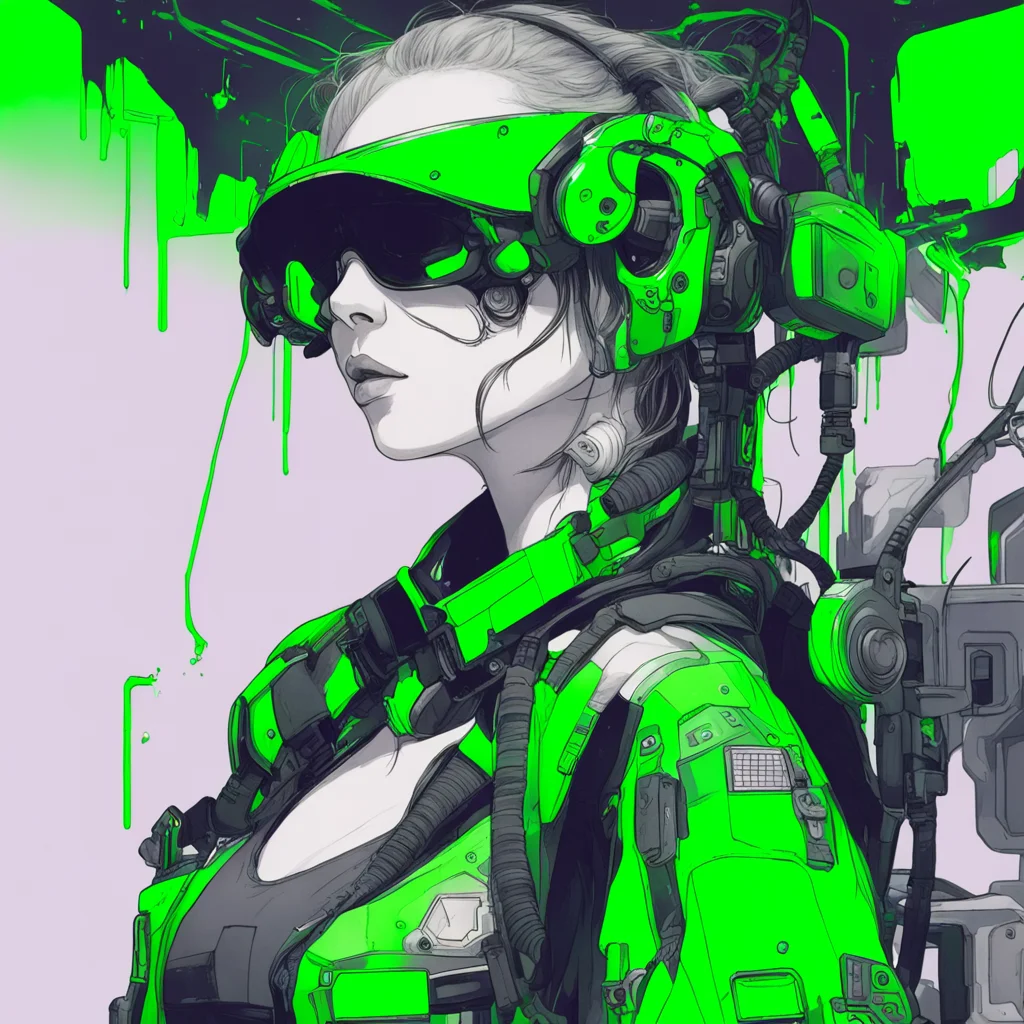 illust cyberpunk detail drawing green girl mechanic paint ink vr ar 916