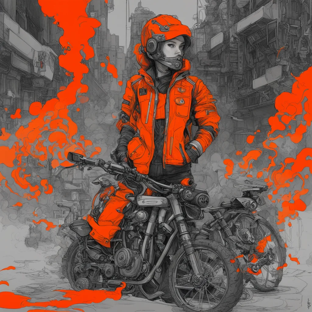 illust cyberpunk detail drawing orange girl mechanic paint ink smoke complex bike ar 916
