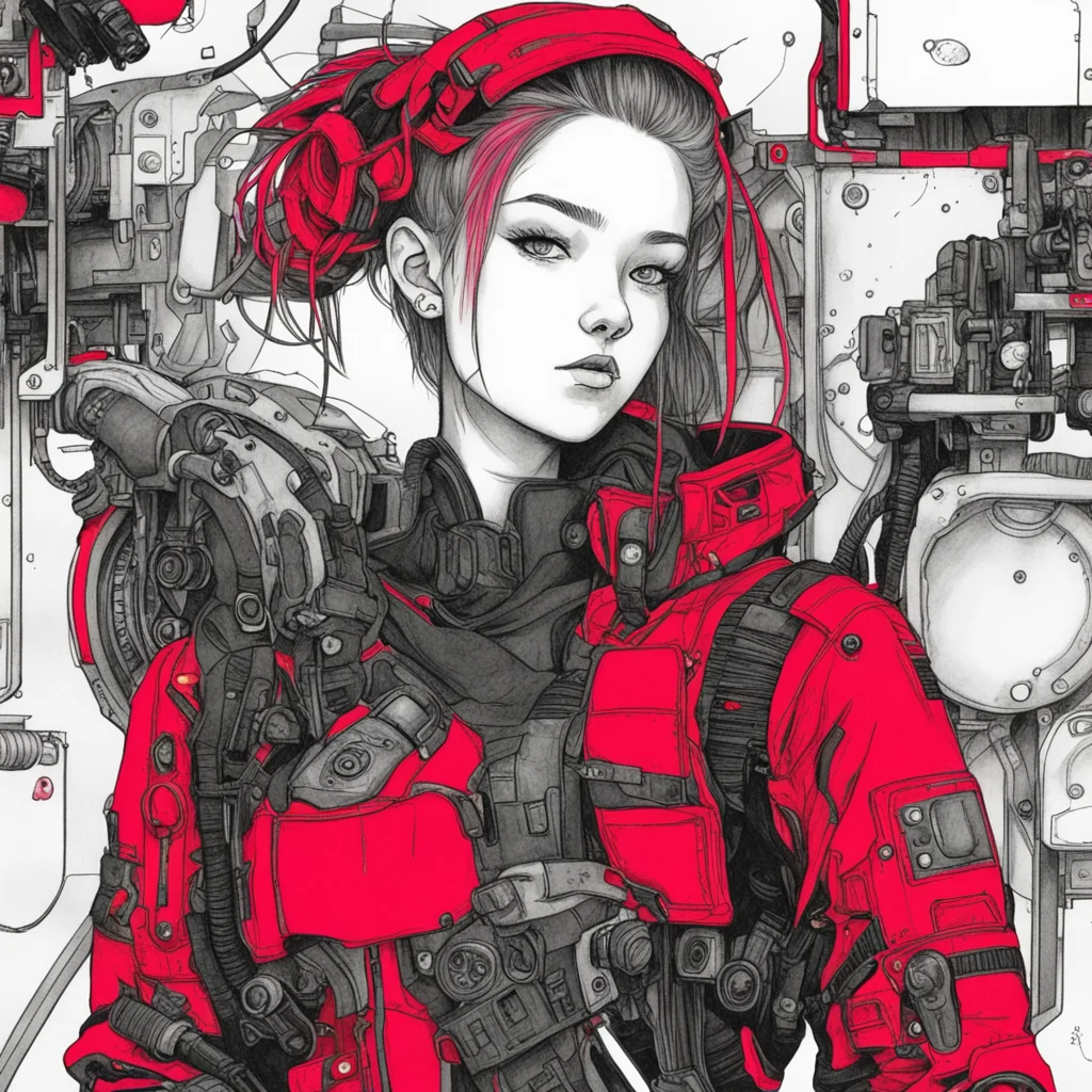 illust cyberpunk detail drawing red girl mechanic ink