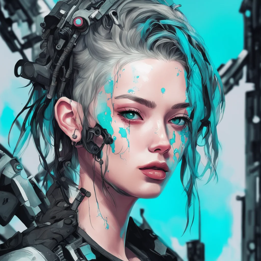 illust cyberpunk skyblue girl mechanic paint ink drawing face close up ar 916