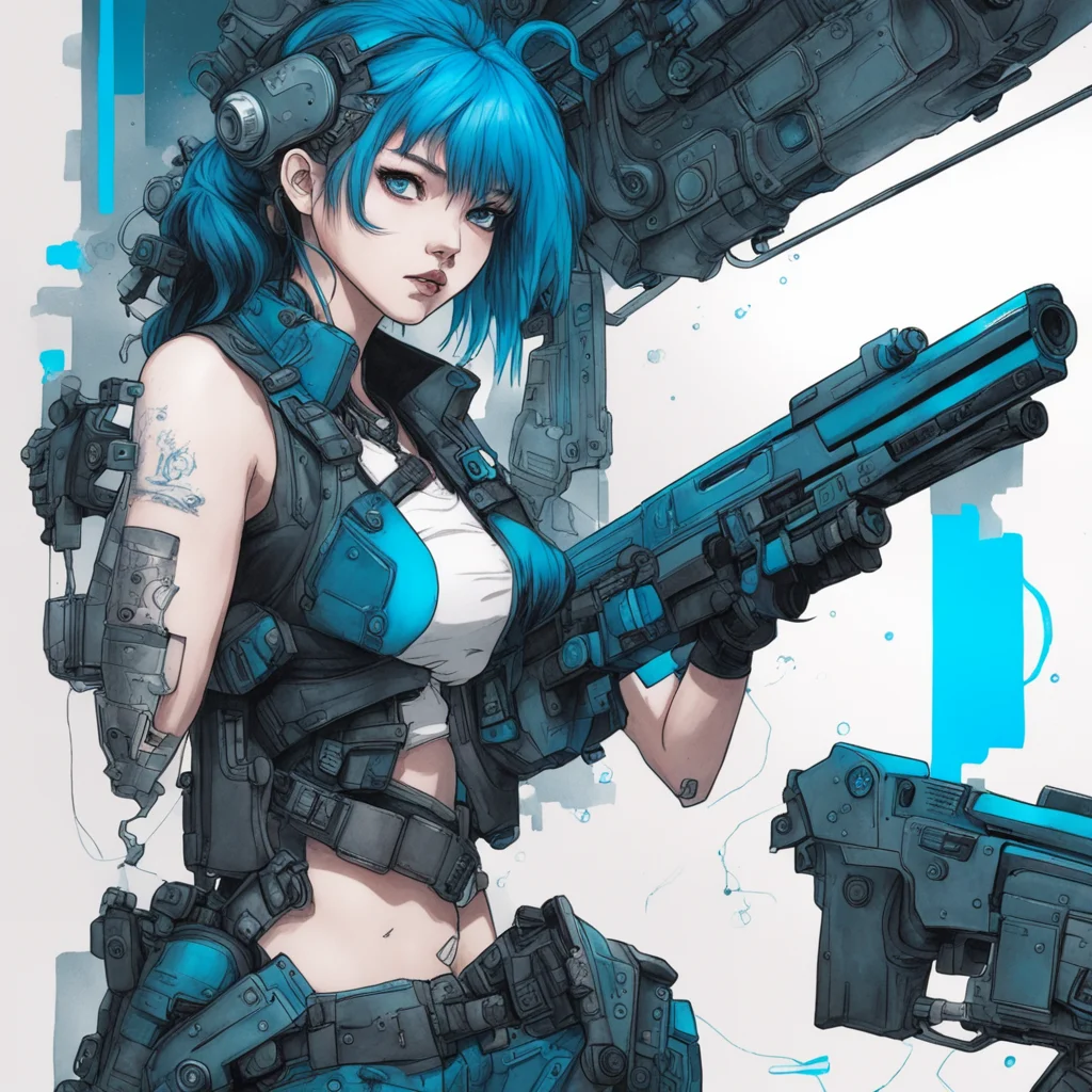illust cyberpunk steampunk detail drawing blue girl mechanic gun future ink ar 916
