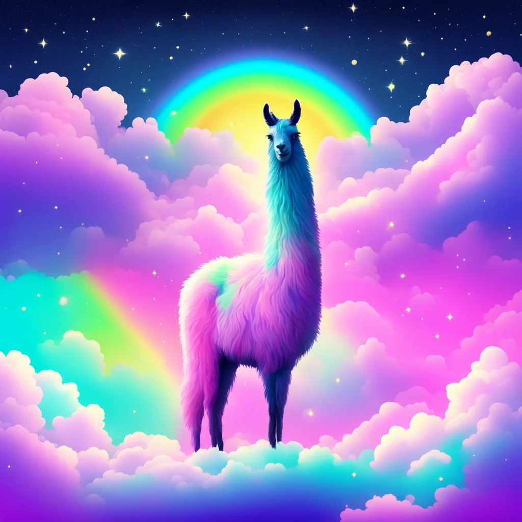 illustrated graphic art cotton candy colored llama in sky fluffly clouds stars rainbow in distance stylized epic and gra