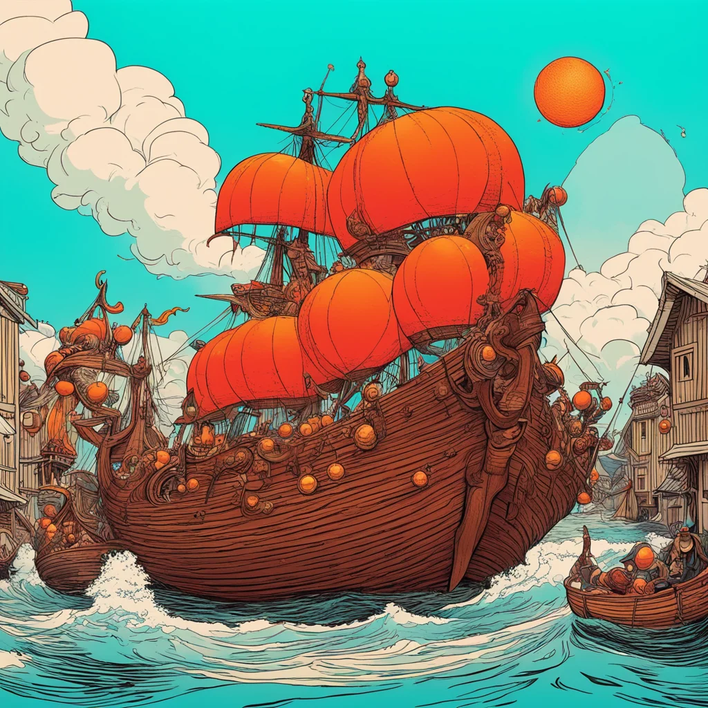 illustration Main Street comic 1970’sviking ship carrying orange spherical wooden lamps with their hand aspect 168