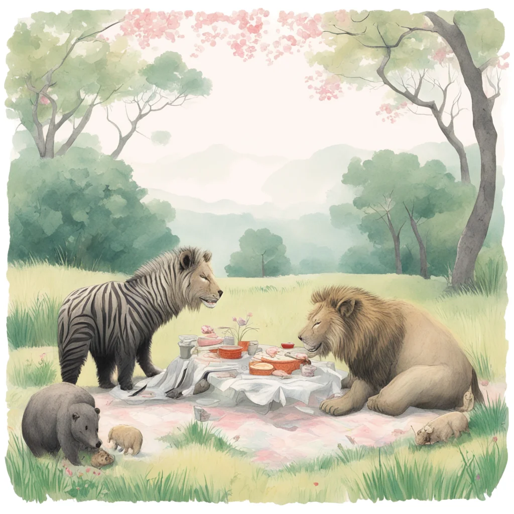illustration of a zebra and a lion and a bear and a hog having a picnic during spring by dice tsutsumi aspect 95