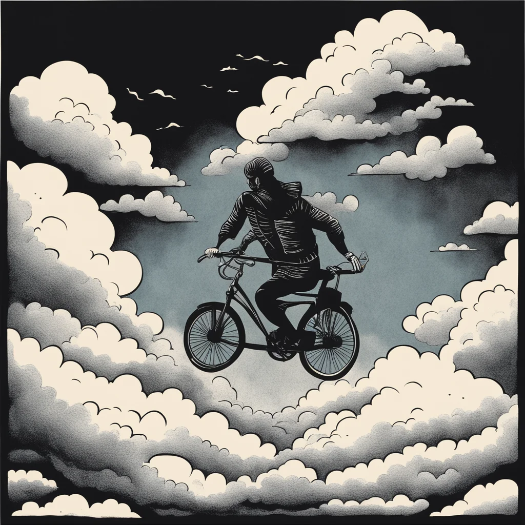 illustrator black block print of man on flying bicycle in clouds