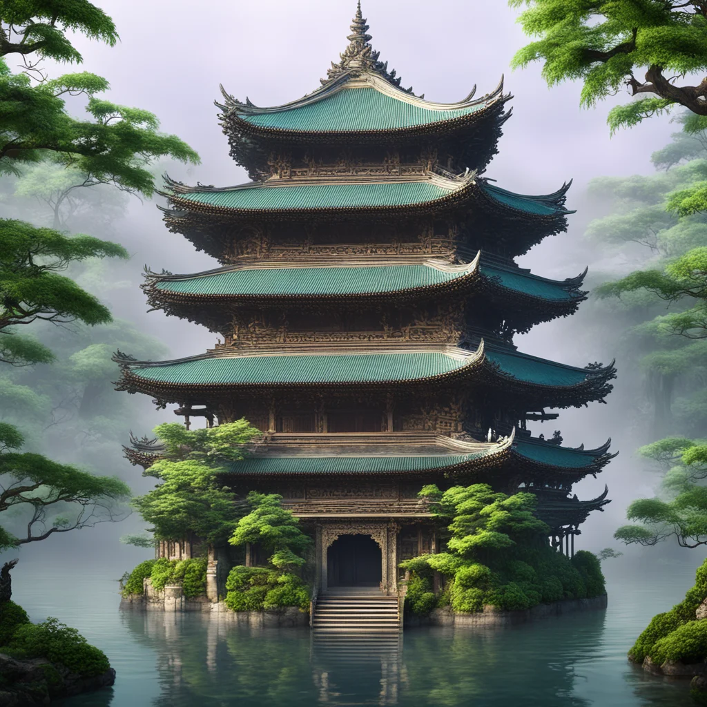 imaginative japanese hindu multi leveled temple ornate sculpted mother of pearl ivory feathers vine lake mist forest irr