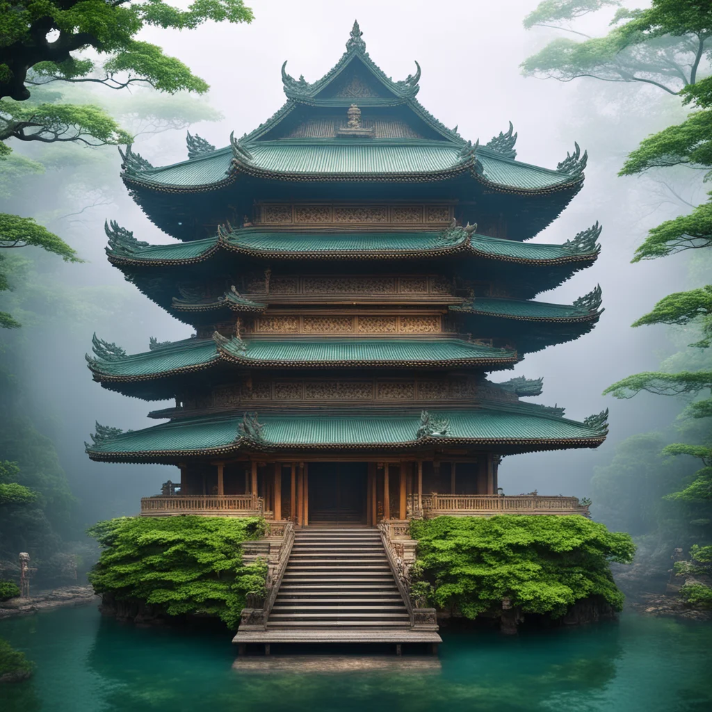 imaginative japanese hindu multi leveled temple ornate sculpted mother of pearl ivory vine lake mist forest irridescent 