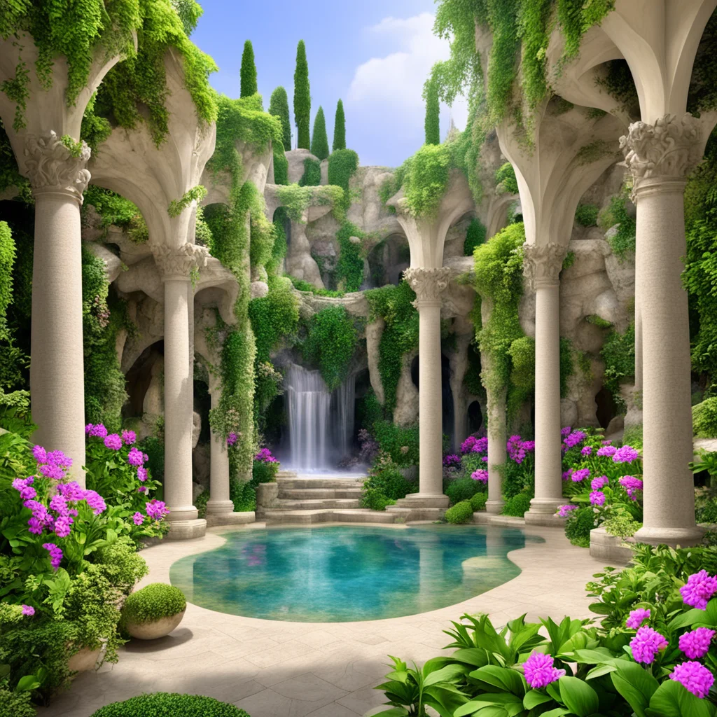 imaginative magnificient creative terraced botanical garden sculpture fountain pillars columns nature stones water pergo