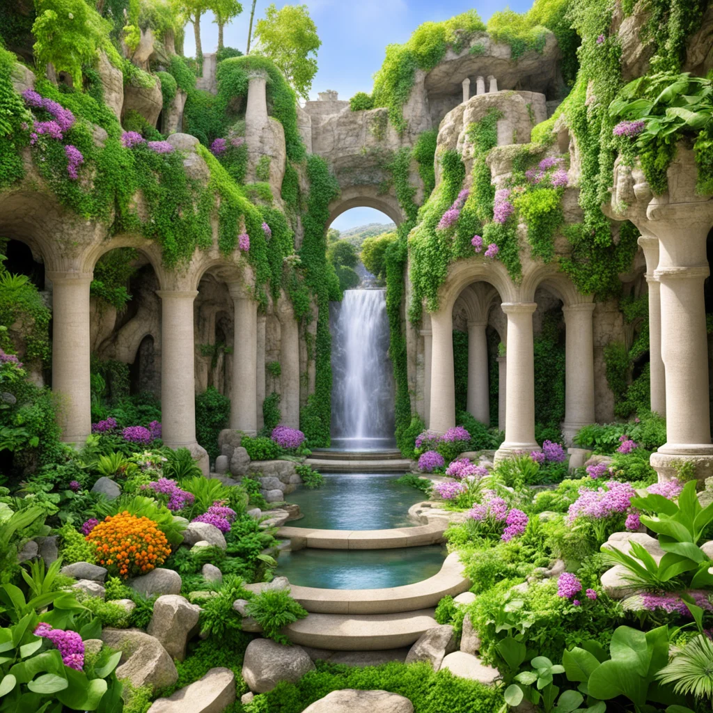 imaginative magnificient creative terraced botanical garden sculpture fountain pillars nature stones water pergola elvis