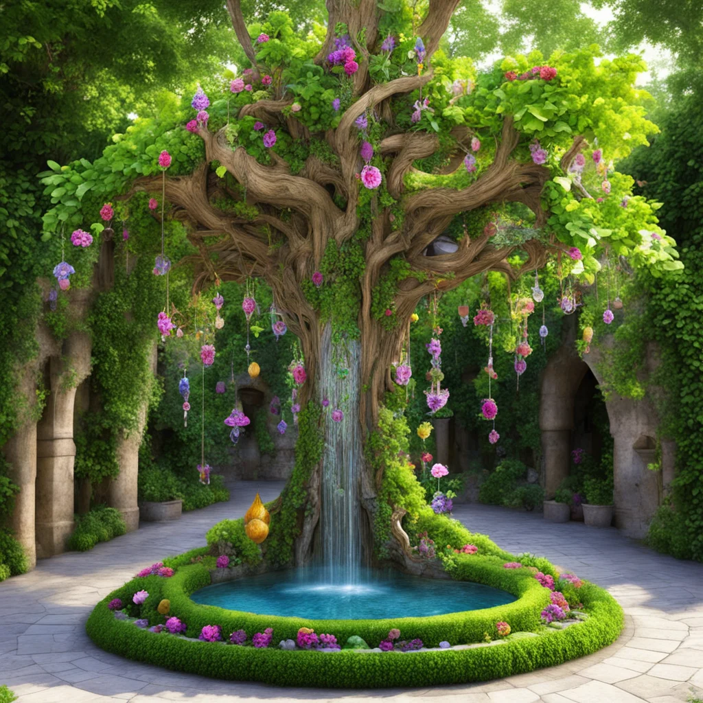 imaginative magnificient ornate elvish celtic fountain8 shrine chandelier biomimetism nature lot of flowers fruit trees 