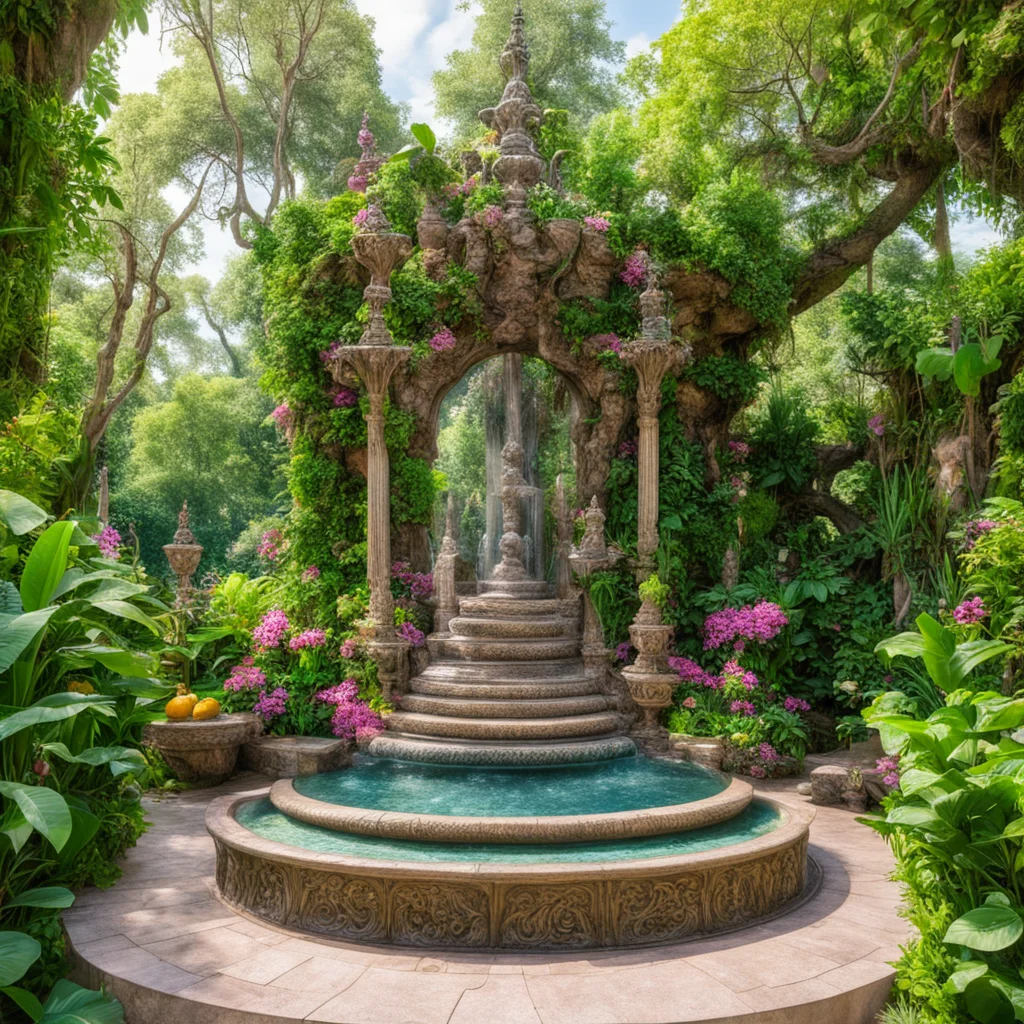 imaginative magnificient ornate elvish hindu water fountain shrine altar inside a botanical garden biomimetism nature lo