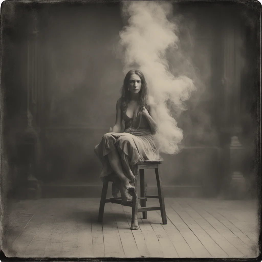 imagine beautiful female oracle of dephi on a three legged stool smoke fumes ectoplasm backlit moody dark 70mm black and white tintype photograph reali
