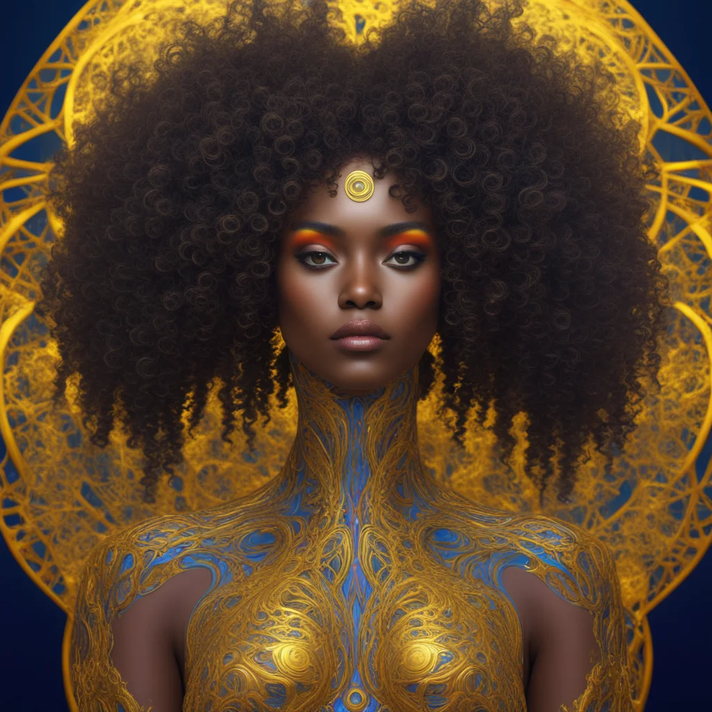 imagine generative Design fractal image with a well rounded dark lady soft curly hair anatomically correct surrounded by