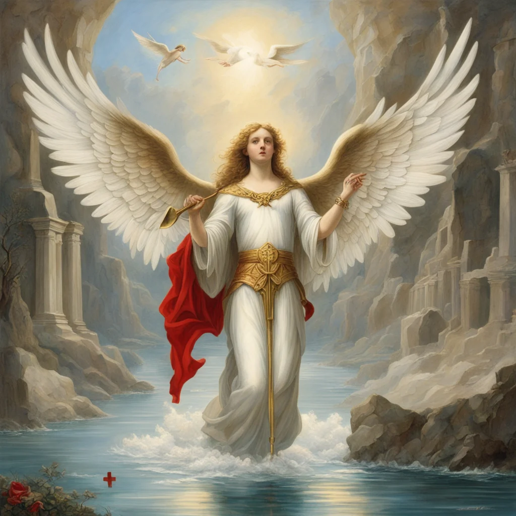 imagine golden haired archangel Gabriel playing a trumpet Gabriels trumpet flies a white banner with a red cross archang