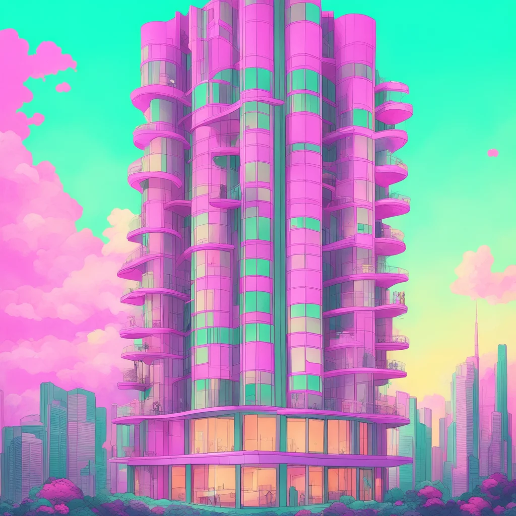 imagine high rise hotel with lots of windows fantasy surreal western illustration pastel colors