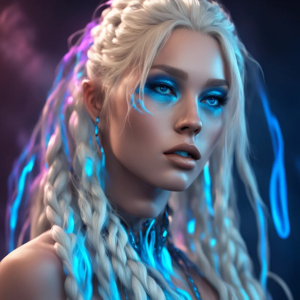 imagine nevada parker blonde long braids updo nose and lip piercings wallpaper art fantasy portrait glowing neon blue ey
