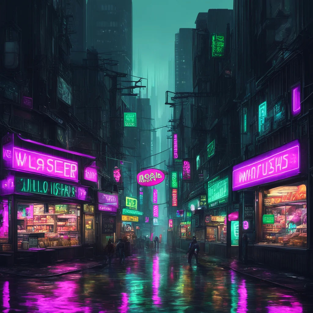 imagine prompt WillyStreet grocery store urban futuristic city with broken neon sign in window alien alphabet signs glow
