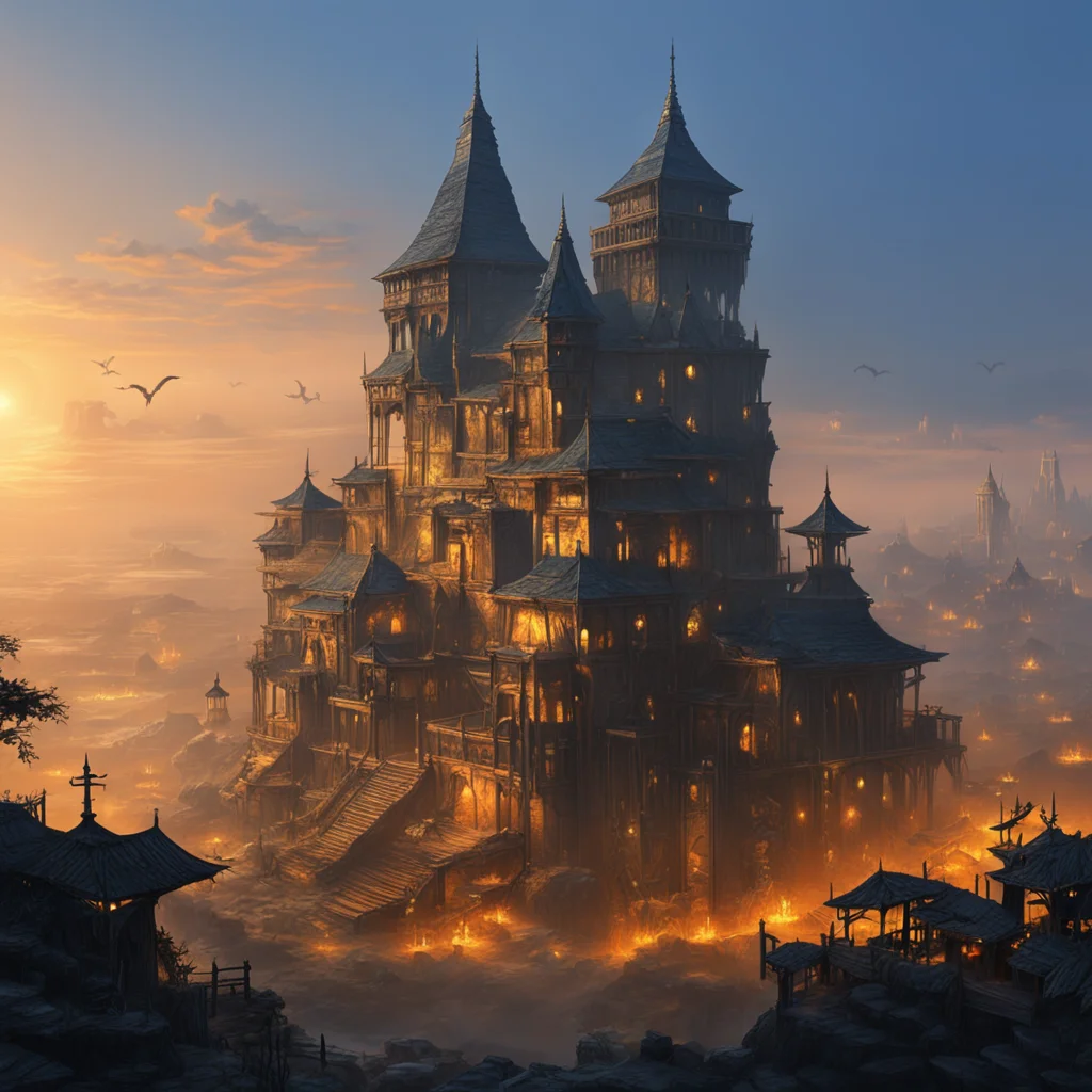 imagine towering tribal fortress sprawling hut city savannah foggy sunrise gold orange white blue color scheme trending 