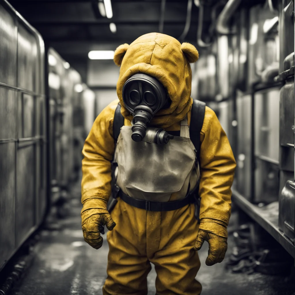 imagine winnie the Pooh in a 1930s German biohazard suit with twin canister gas mask dirtystained wrinkles plastic wet i