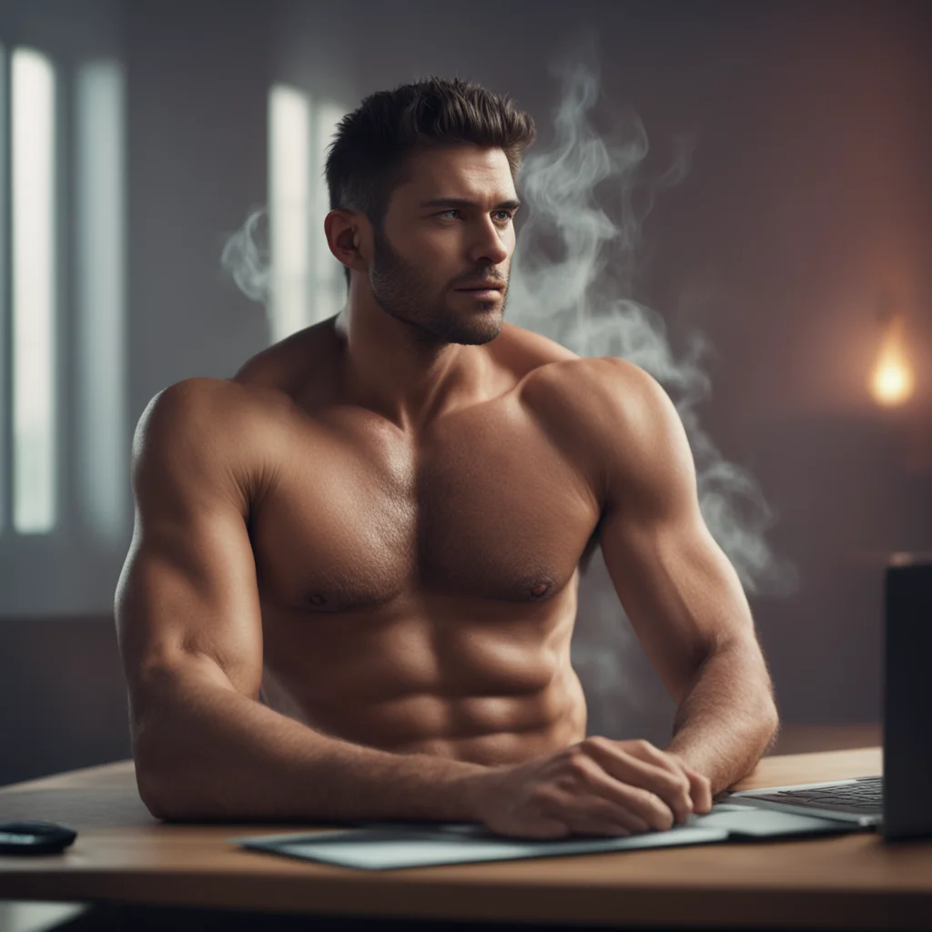 imagineman without shirt playing video games on notebook and smoking his face is enlightened by screen early morning lig