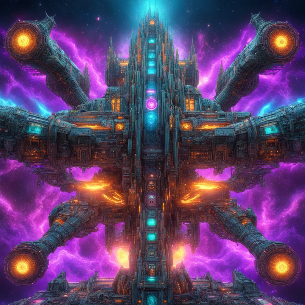 immense hindu fractal transformer spaceship battleship abyss creature circuit boards colored lights laser weapons big re